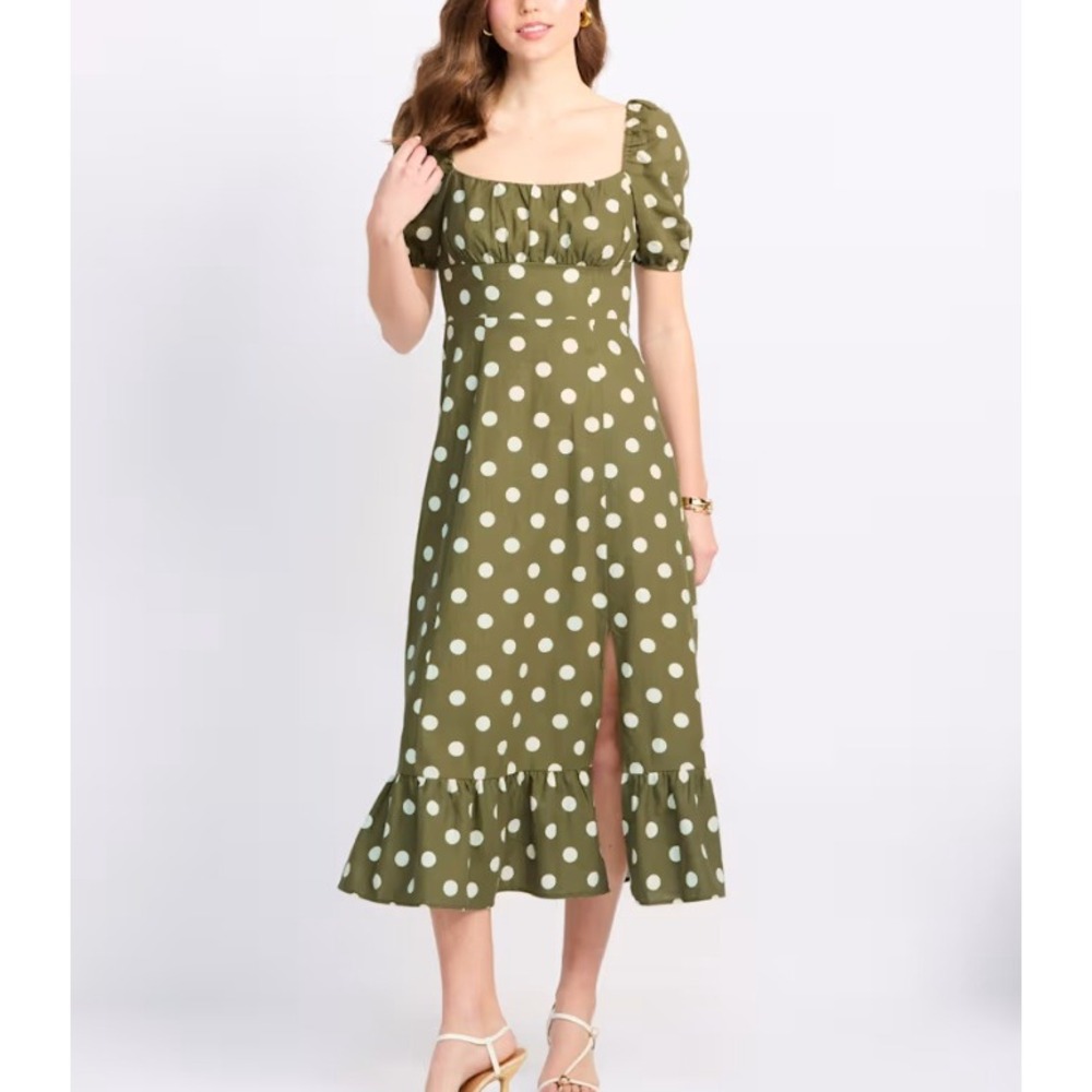 NWT Maggy London Midi Dress Polka Dot Puff Sleeve Linen Blend Boho Prairie sz 10
